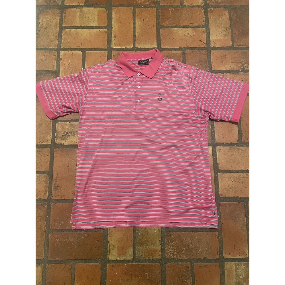Bobby Jones Mens Size Large Polo Golf Shirt Dk Pink Striped Contrast Colla